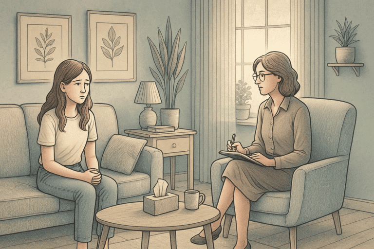 Illustration of a woman in therapy, discussing cbt vs dbt for anxiety