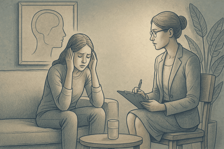 Illustration of a woman in trauma therapy talking with a therapist