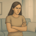 Illustration of a woman standing with her arms crossed, looking like she has repressed anger symptoms