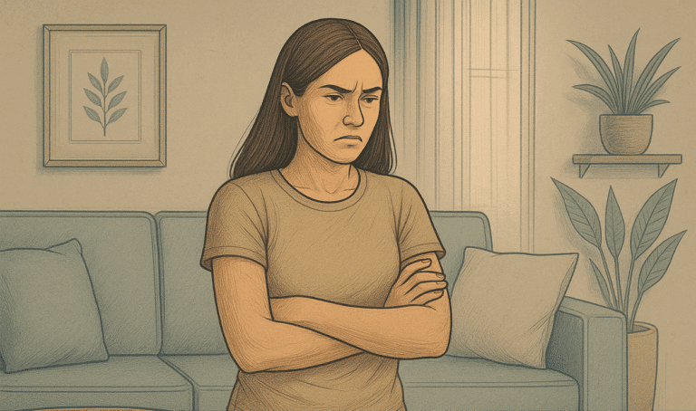 Illustration of a woman standing with her arms crossed, looking angry