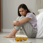 woman staring at food, upset, wondering if there's a link between attachment and eating disorders