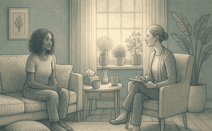 An illustration showing a peaceful therapy session with a client and therapist in a comfortable, safe-feeling office space.