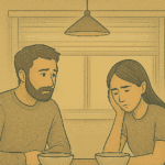 A couple sitting silently at a dining table both looking down sadly - Mission Connection