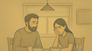 A couple sitting silently at a dining table both looking down sadly - Mission Connection