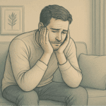 A man looking depressed while sitting on a couch