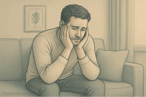 A man looking depressed while sitting on a couch