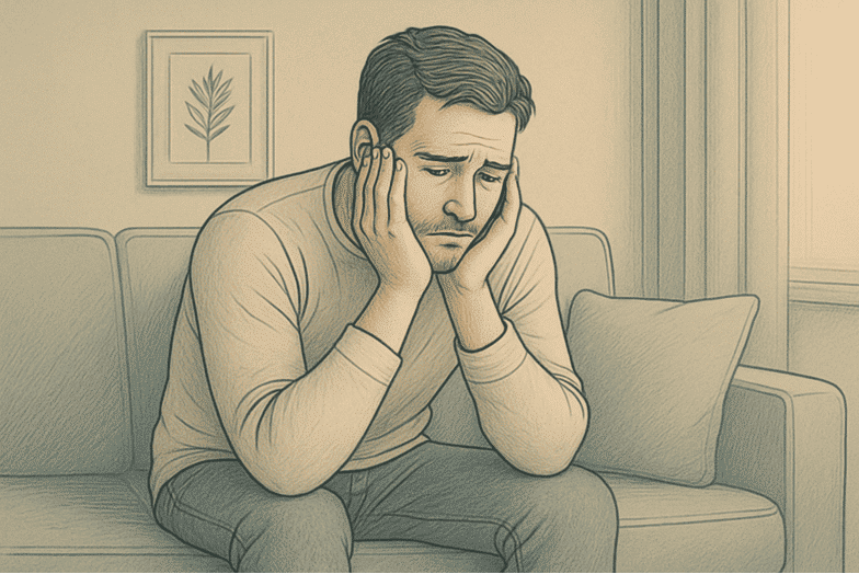 A man looking depressed while sitting on a couch