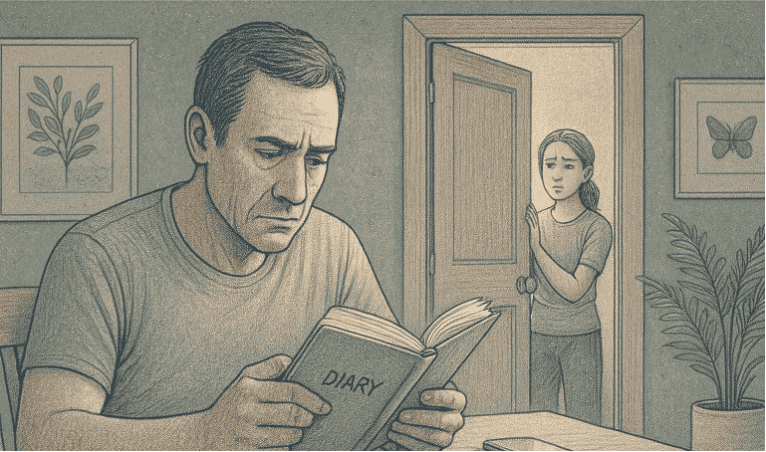 A man sits at a table reading a diary with a serious expression, while a girl stands at the doorway looking upset, suggesting he is reading her private journal without permission.