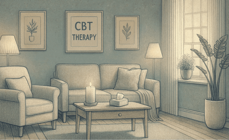 A peaceful therapy room with comfortable seating and soft lighting