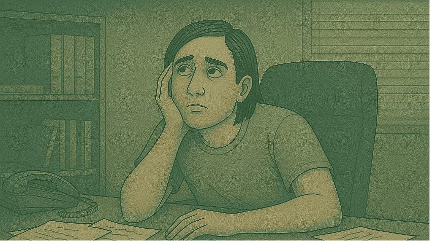A person appearing exhausted and overwhelmed while sitting at a desk covered with papers and documents