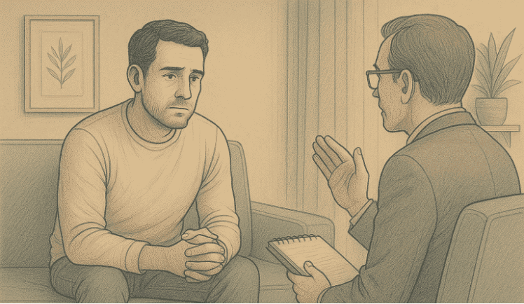 A sad looking man sitting on a couch, talking to a therapist sitting across from him