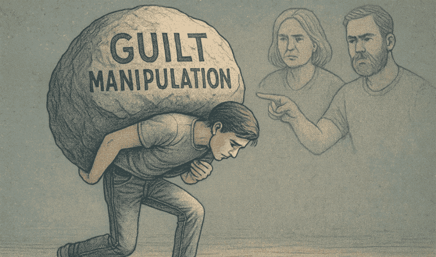 An illustration of a person carrying heavy emotional burdens, representing the weight of guilt and manipulation experienced by those with emotionally abusive parents.