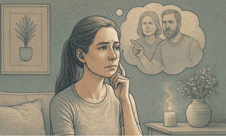 An illustration of a person looking thoughtful and reflective, representing the process of understanding and recognizing difficult family dynamics.