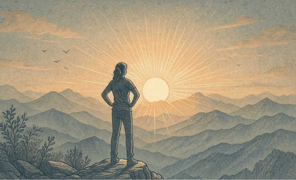 An illustration of a person standing on a mountain peak with sunrise in the background, representing hope, resilience, and overcoming mental health challenges