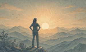 An illustration of a person standing on a mountain peak with sunrise in the background, representing hope, resilience, and overcoming mental health challenges