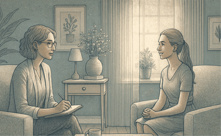 An illustration of a therapist and adult client in a supportive counseling session