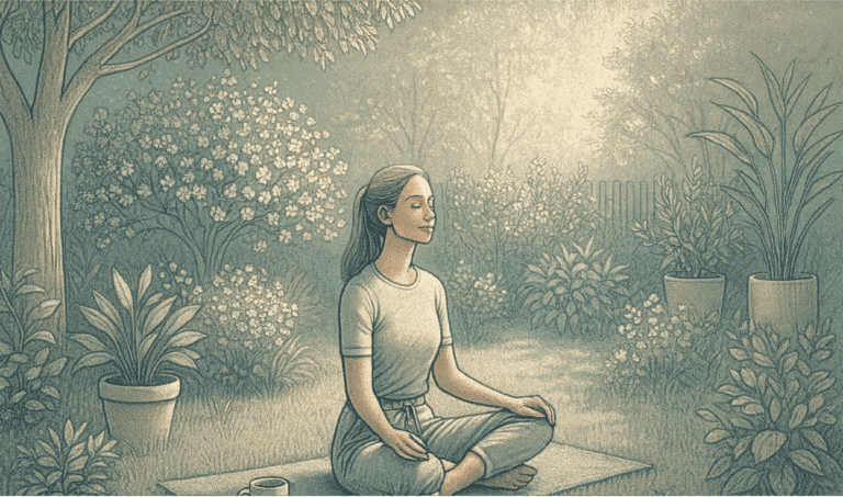 An illustration of an adult sitting peacefully in a sunny garden
