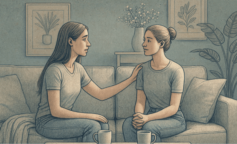An illustration showing two friends sitting together in conversation