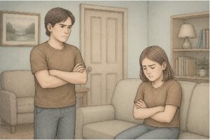 Two adults sitting apart and avoiding eye contact, illustrating interpersonal conflict associated with Oppositional Defiant Disorder.