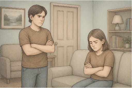 Two adults sitting apart and avoiding eye contact, illustrating interpersonal conflict associated with Oppositional Defiant Disorder.
