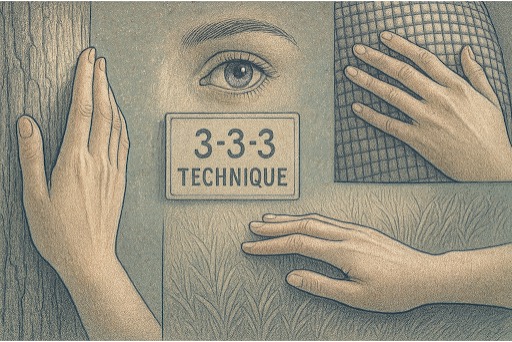 Hands touching different textures while eyes observe surroundings, demonstrating sensory engagement of the 3-3-3 technique.