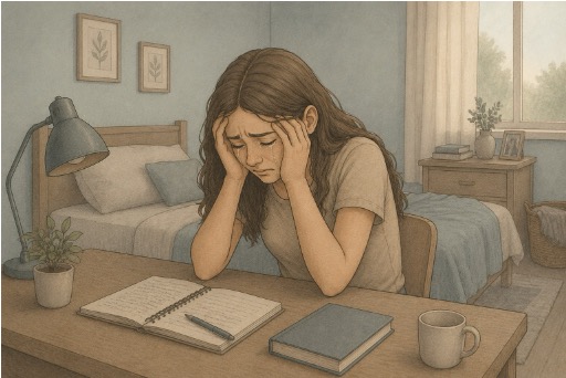 Woman crying alone at bedroom desk overwhelmed with emotional distress due to childhood trauma