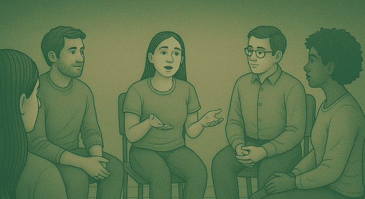 Five people sitting in a circle participating in a group therapy.