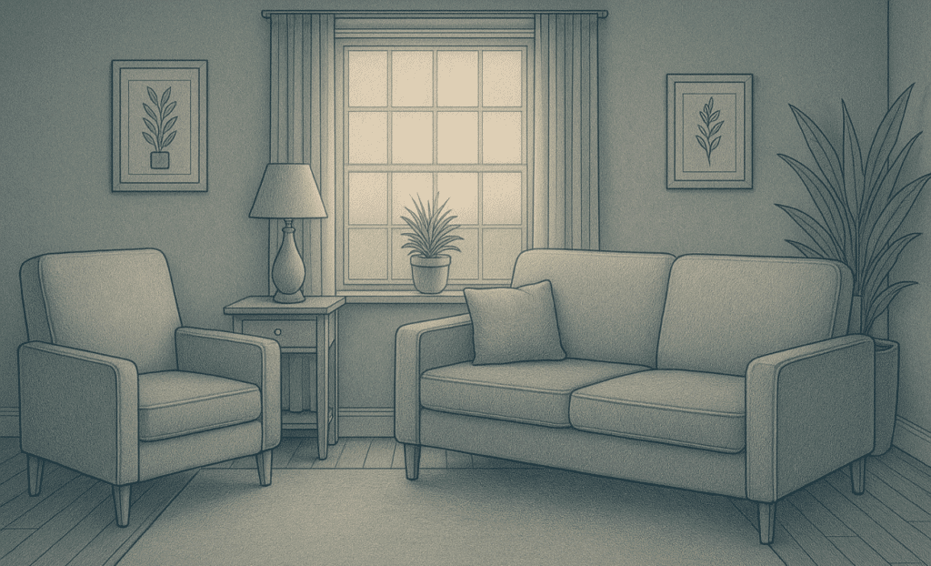 Illustration of a cozy therapy room with an armchair, sofa, side table, lamp, and potted plants