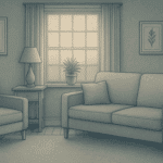 Illustration of a cozy therapy room with an armchair, sofa, side table, lamp, and potted plants