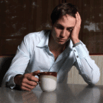 man in need of adjustment disorder treatment with a cup of coffee looking disheartened with his hand on his head