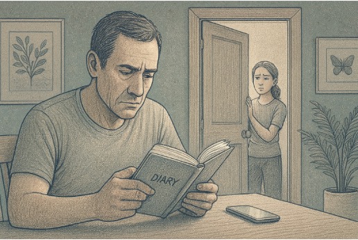 Parent reading child's diary without permission, depicting extreme control and privacy invasion as a sign of emotional abuse 