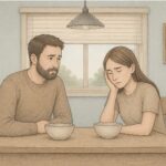 A couple sitting silently at a dining table, reflecting the emotional distance caused by unhealed childhood trauma.