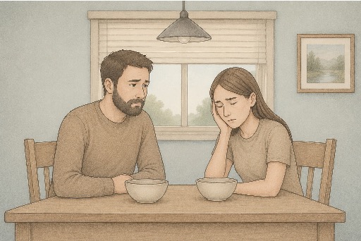 A couple sitting silently at a dining table, reflecting the emotional distance caused by unhealed childhood trauma.