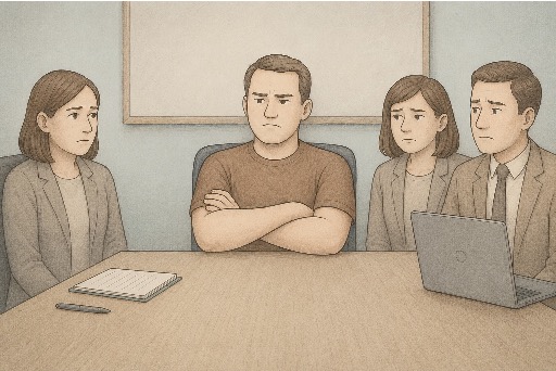 Man displaying anger and frustration during a group discussion, illustrating persistent irritability as a sign of ODD in adults. 