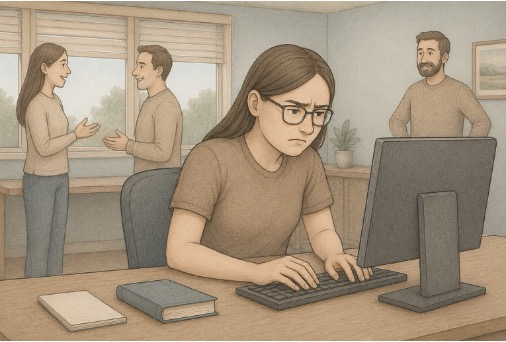 Woman looking stressed while working at a computer, troubled by her childhood trauma