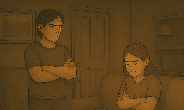 Two people with arms crossed, sitting apart and avoiding eye contact in a living room1