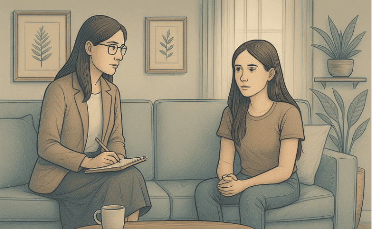 Two women sitting on a couch, one taking notes while the other is speaking