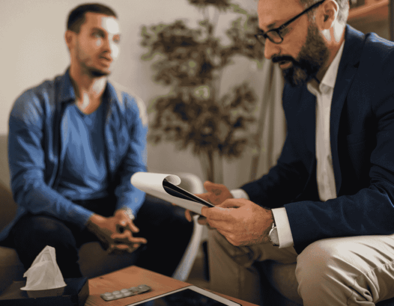 man with dissociative identity disorder sitting in a therapy session with a therapist holding a clipboard