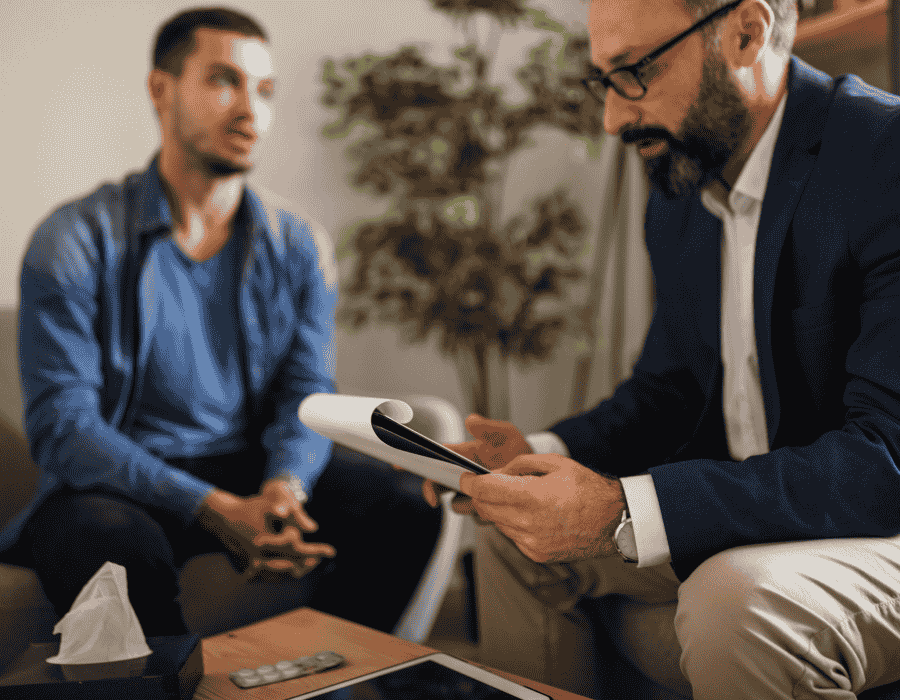 man with dissociative identity disorder sitting in a therapy session with a therapist holding a clipboard