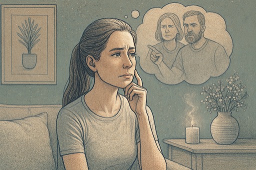 Woman reflecting on signs of emotional abuse she experienced from her parents during childhood