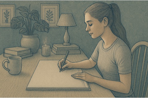 Young woman completing a 3-3-3 rule anxiety worksheet in a calm home environment. 
