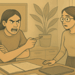 Illustration of a workplace conflict with one person pointing aggressively, demonstrating displaced anger, while another looks distressed.