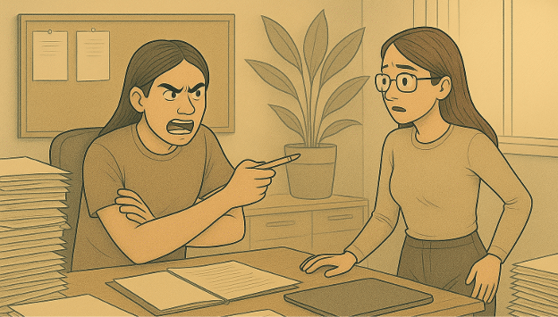 Workplace conflict with one person pointing aggressively while another looks distressed