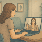 woman on computer undergoing telehealth for anger management