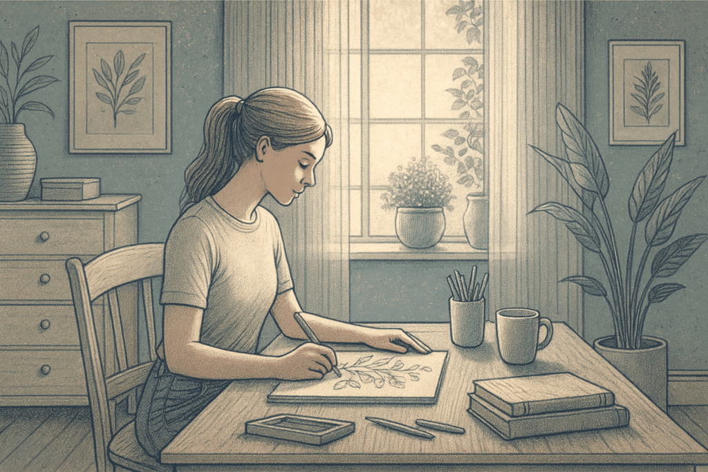 A young woman sits at a wooden desk by a sunlit window, calmly sketching leaves in a notebook, surrounded by books, pencils, and potted plants in a cozy room.