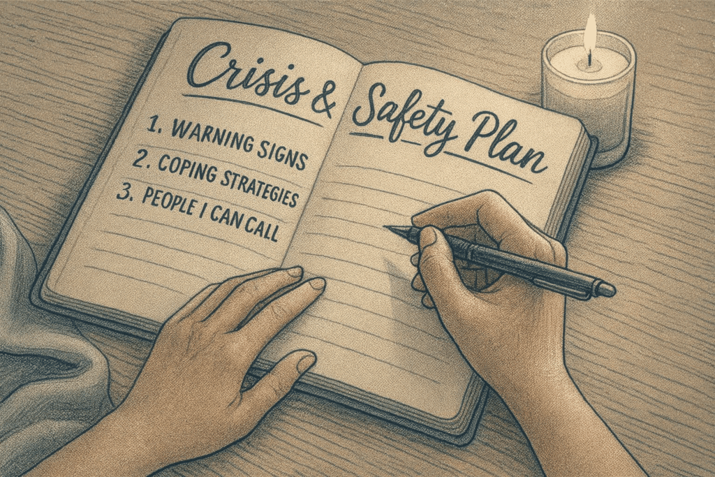 An illustration of hands writing in a journal or planner, representing the importance of creating written safety plans and crisis protocols.