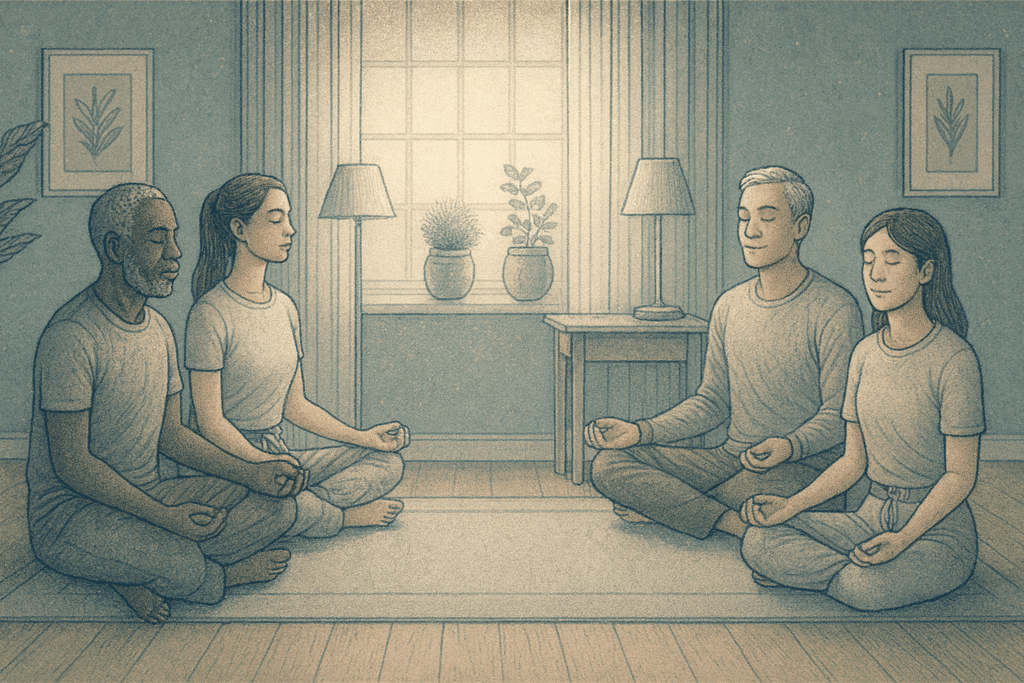 A group therapy setting where people are practicing DBT mindfulness techniques together, showing the collaborative nature of DBT skill-building