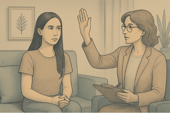 A woman in therapy speaking with another person who is holding their hand up