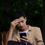 Man using phone in natural setting while holding his hand on his head due to physical & stress-related symptoms in adults