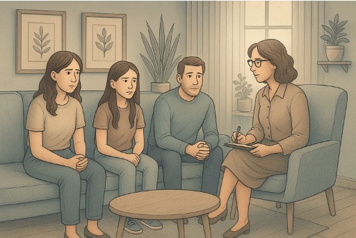 Family in therapy session learning to address passive-aggressive communication patterns 